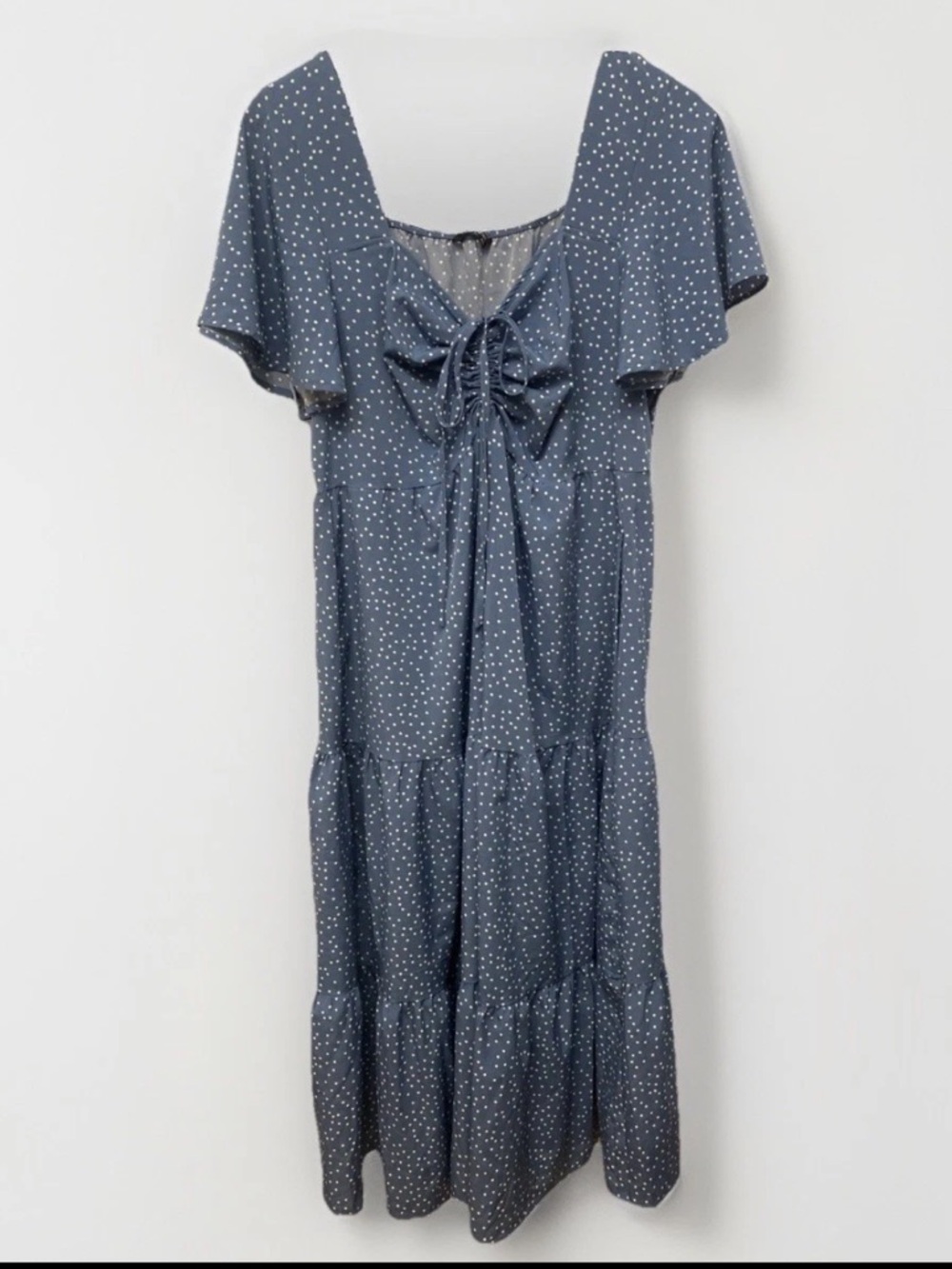 ๐2 for $25 BloomChic Light Blue White Polka Dot Ruched- Front Midi Dress